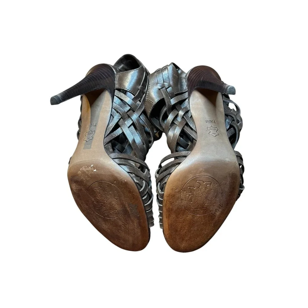 Tory Burch Shoes Womens Size 7.5M Brown Leather Woven‎ High Heel Sandals Strappy